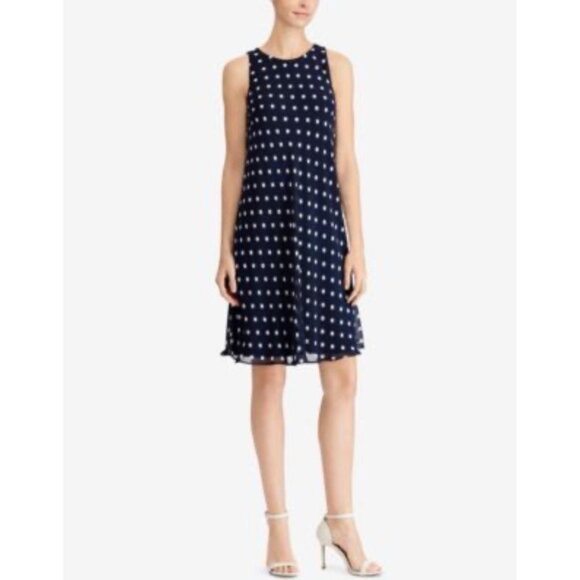 Ralph Lauren Shift Dress 6 Blue White Polka Dot Flowy Sleeveless NEW - Picture 8 of 8